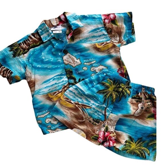 Rad Vintage 1990s Kid’s Two Piece Tropical Hawaiian Shirt and Shorts - Picture 1 of 6